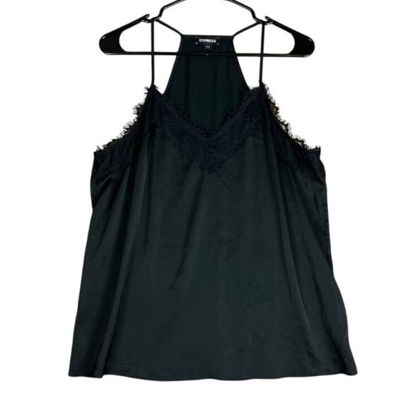 Express Womens Blouse Black V Neck Sleeveless Tank Lace Trim Stretch Large - Picture 1 of 12